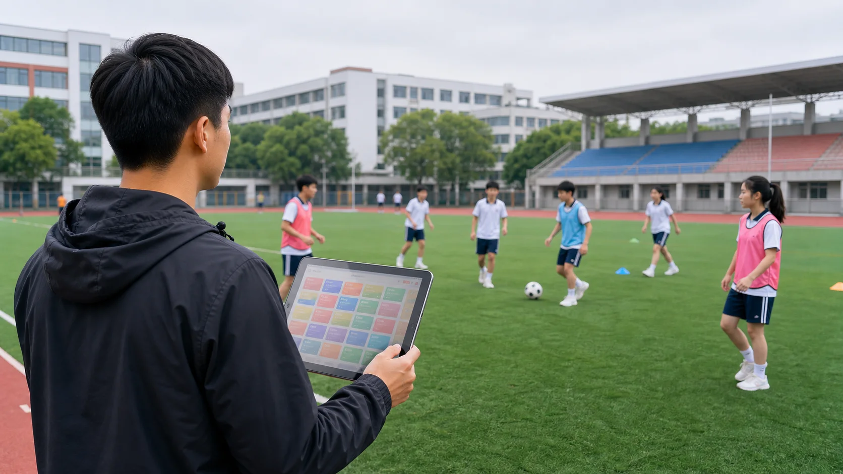 校园体育课中学生佩戴心率臂带训练，老师使用平板查看课堂数据